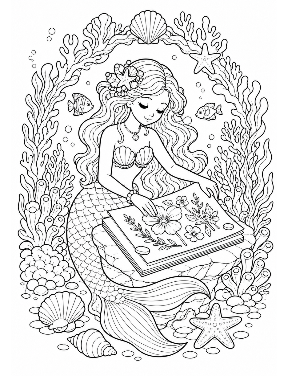Mermaid Pressing Sea Flowers In A Coral Frame printable coloring page from the mermaid coloring pages collection