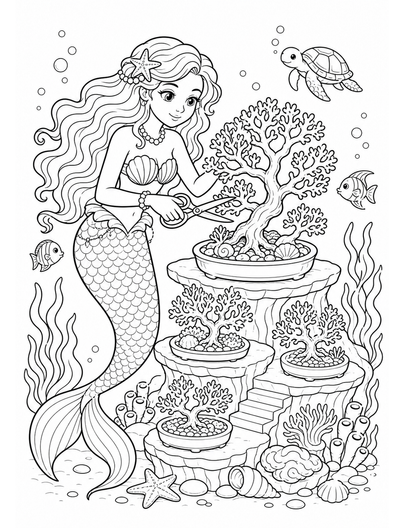 Mermaid Pruning A Coral Bonsai Terrace printable coloring page from the mermaid coloring pages collection