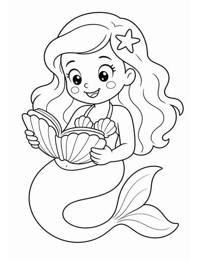 Mermaid Reading A Seashell Book printable coloring page from the mermaid coloring pages collection