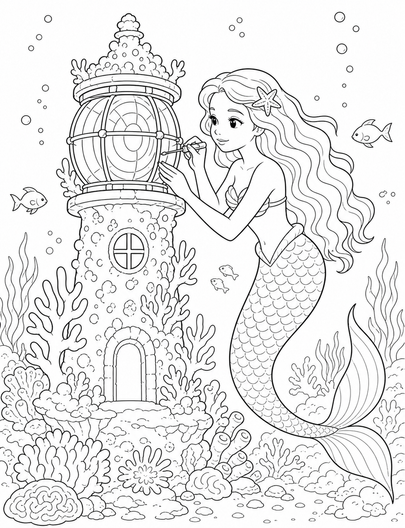 Mermaid Repairing A Coral Lighthouse Lens printable coloring page from the mermaid coloring pages collection