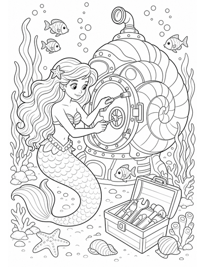 Mermaid Repairing A Nautilus Submarine Hatch printable coloring page from the mermaid coloring pages collection