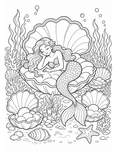 Mermaid Resting In A Giant Clam Garden printable coloring page from the mermaid coloring pages collection