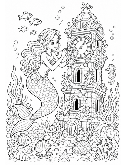 Mermaid Restoring A Coral Clock Tower printable coloring page from the mermaid coloring pages collection