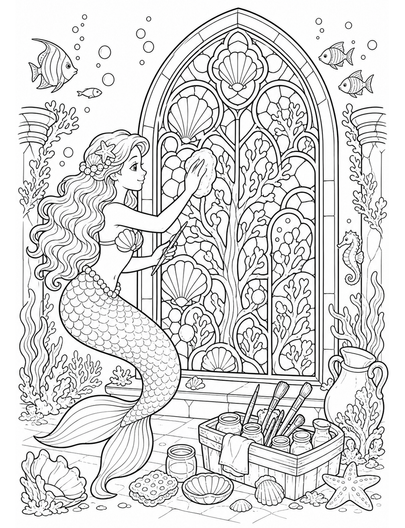 Mermaid Restoring A Coral Stained Glass Window printable coloring page from the mermaid coloring pages collection