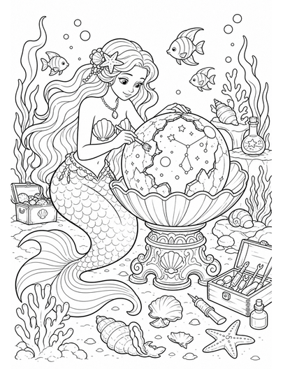 Mermaid Restoring A Shell Astral Globe printable coloring page from the mermaid coloring pages collection