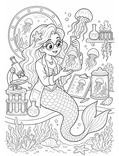Mermaid Scientist In Sea Lab With Jellyfish printable coloring page from the mermaid coloring pages collection