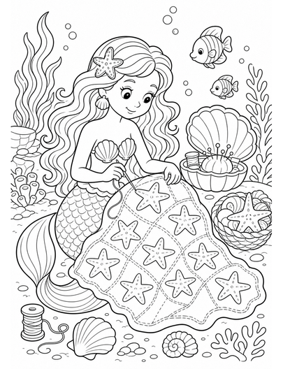 Mermaid Sewing A Starfish Quilt printable coloring page from the mermaid coloring pages collection