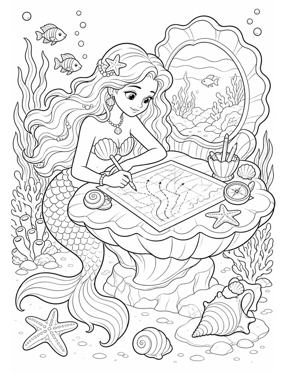 Mermaid Sketching Tide Charts At Shell Desk printable coloring page from the mermaid coloring pages collection