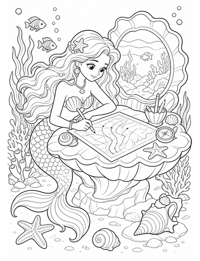 Mermaid Sketching Tide Charts At Shell Desk printable coloring page from the mermaid coloring pages collection