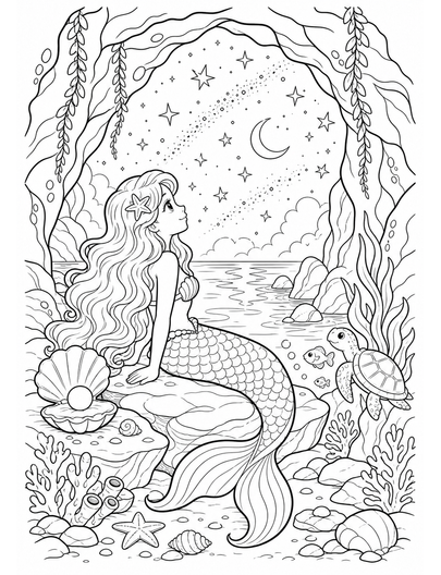 Mermaid Stargazing In A Sea Cave printable coloring page from the mermaid coloring pages collection
