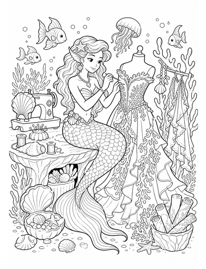 Mermaid Tailor Sewing Coral Lace Gown printable coloring page from the mermaid coloring pages collection