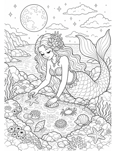 Mermaid Tending A Moonlit Tide Pool printable coloring page from the mermaid coloring pages collection