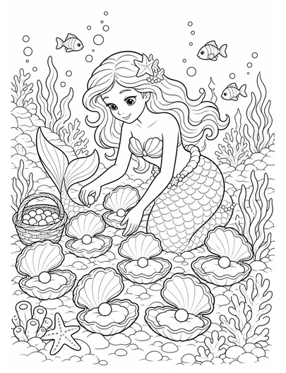 Mermaid Tending A Pearl Oyster Nursery printable coloring page from the mermaid coloring pages collection