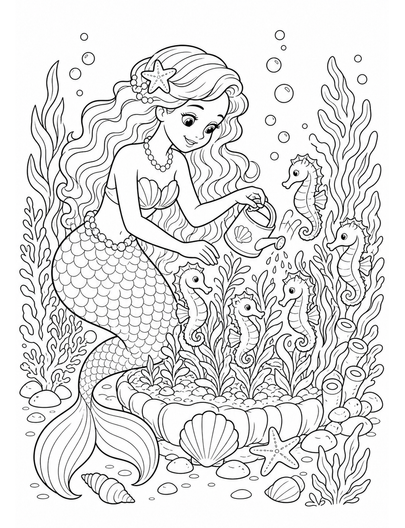 Mermaid Tending A Seahorse Garden printable coloring page from the mermaid coloring pages collection