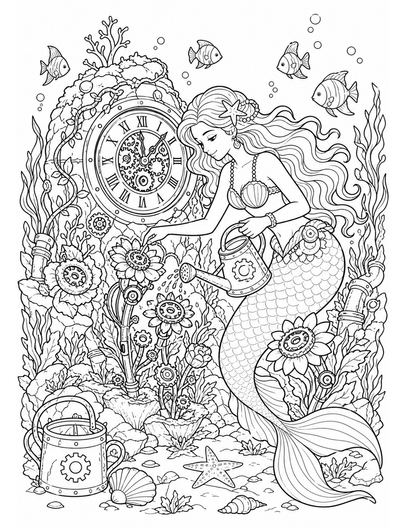 Mermaid Tending A Sunken Clockwork Garden printable coloring page from the mermaid coloring pages collection