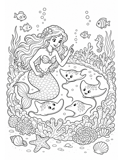 Mermaid Training Baby Rays In A Coral Ring printable coloring page from the mermaid coloring pages collection