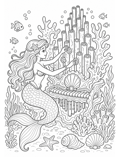 Mermaid Tuning A Coral Pipe Organ printable coloring page from the mermaid coloring pages collection