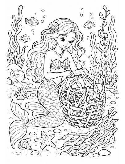 Mermaid Weaving A Kelp Basket printable coloring page from the mermaid coloring pages collection