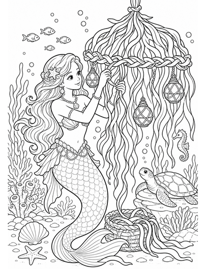 Mermaid Weaving A Kelp Lantern Canopy printable coloring page from the mermaid coloring pages collection