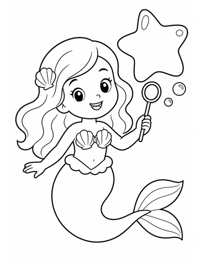 Mermaid With Bubble Wand And Star Bubble printable coloring page from the mermaid coloring pages collection