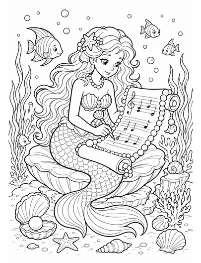 Mermaid Writing Songs On A Pearl Scroll printable coloring page from the mermaid coloring pages collection