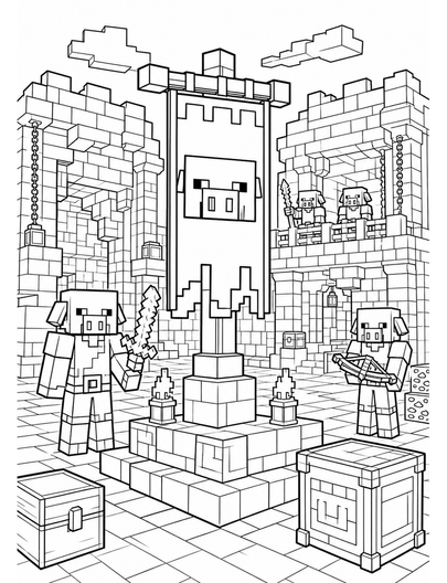 Minecraft Bastion Courtyard With Piglin Banner printable coloring page from the minecraft coloring pages collection