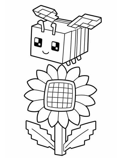 Minecraft Bee Over A Sunflower printable coloring page from the minecraft coloring pages collection