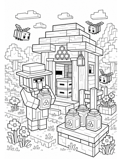 Minecraft Beekeeper Hut With Honey Bottles printable coloring page from the minecraft coloring pages collection