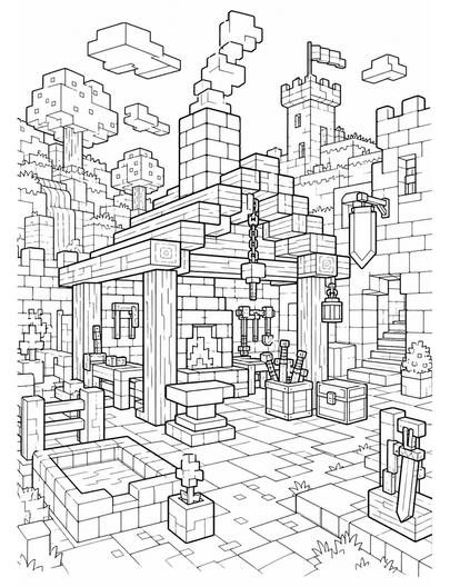 Minecraft Blacksmith Forge Courtyard printable coloring page from the minecraft coloring pages collection