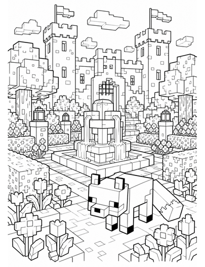 Minecraft Castle Garden With Fountain Fox printable coloring page from the minecraft coloring pages collection