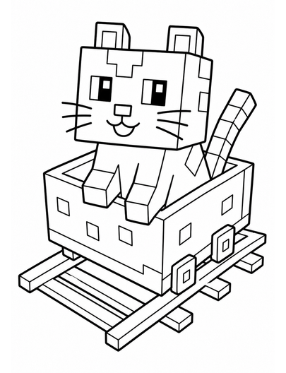 Minecraft Cat Riding A Minecart printable coloring page from the minecraft coloring pages collection