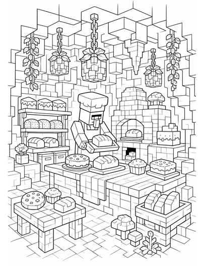 Minecraft Cave Bakery With Glowberry Lanterns printable coloring page from the minecraft coloring pages collection