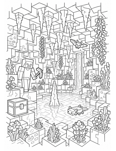 Minecraft Cave Garden With Dripstone Pool printable coloring page from the minecraft coloring pages collection