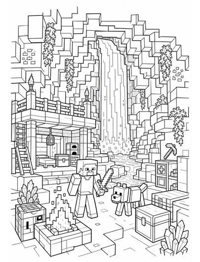 Minecraft Cave Waterfall Base Camp printable coloring page from the minecraft coloring pages collection