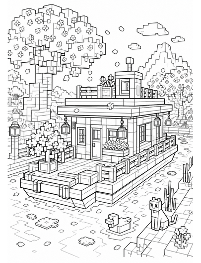 Minecraft Cherry Blossom Canal Houseboat printable coloring page from the minecraft coloring pages collection