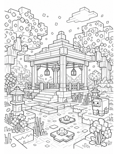 Minecraft Cherry Blossom Garden Pavilion printable coloring page from the minecraft coloring pages collection