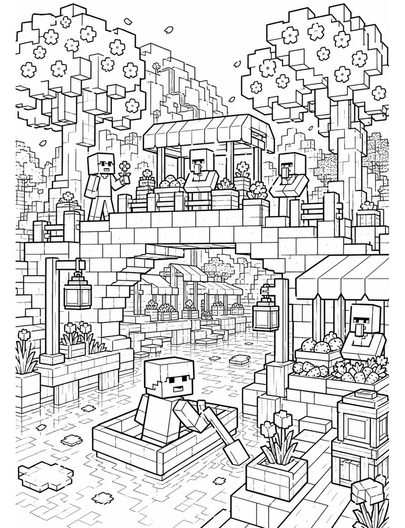 Minecraft Cherry Canal Bridge Market printable coloring page from the minecraft coloring pages collection