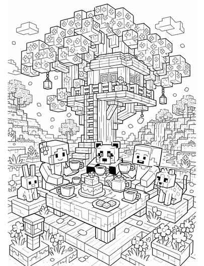 Minecraft Cherry Grove Treehouse Tea Party printable coloring page from the minecraft coloring pages collection