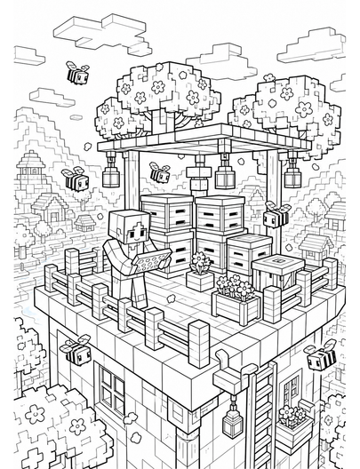Minecraft Cherry Village Rooftop Apiary printable coloring page from the minecraft coloring pages collection