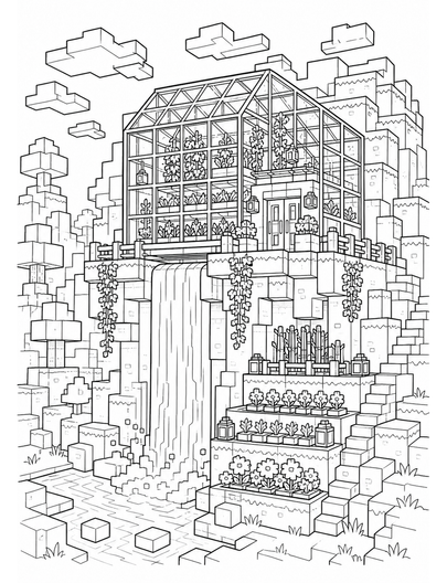Minecraft Cliffside Greenhouse With Waterfall printable coloring page from the minecraft coloring pages collection
