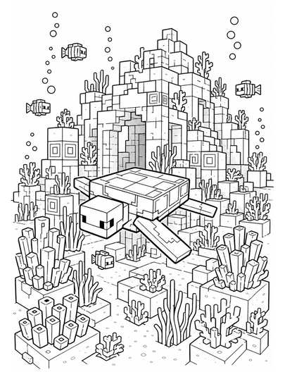 Minecraft Coral Reef Ruins With Sea Turtle printable coloring page from the minecraft coloring pages collection