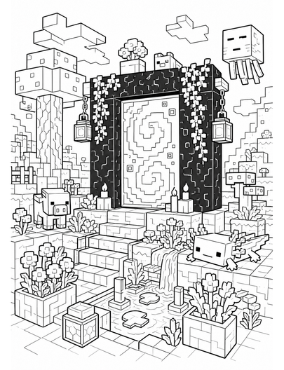 Minecraft Cozy Nether Portal Garden printable coloring page from the minecraft coloring pages collection