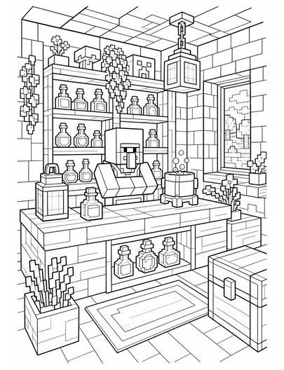 Minecraft Cozy Potion Shop Interior printable coloring page from the minecraft coloring pages collection