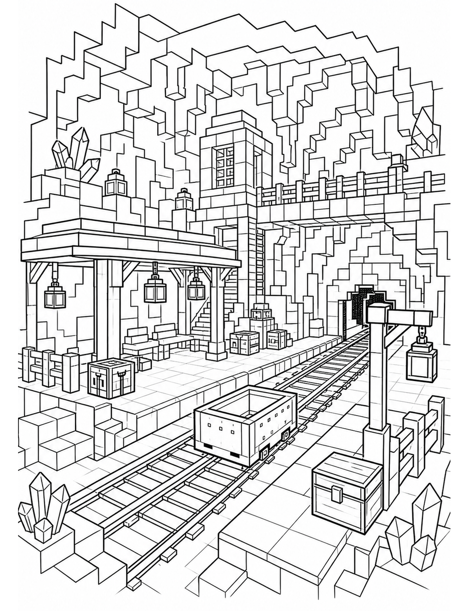 Minecraft Deep Cave Rail Station printable coloring page from the minecraft coloring pages collection