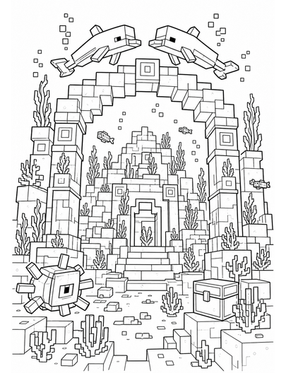 Minecraft Deep Ocean Ruins With Dolphin Arch printable coloring page from the minecraft coloring pages collection