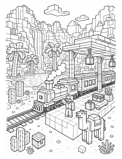 Minecraft Desert Canyon Oasis Train Stop printable coloring page from the minecraft coloring pages collection
