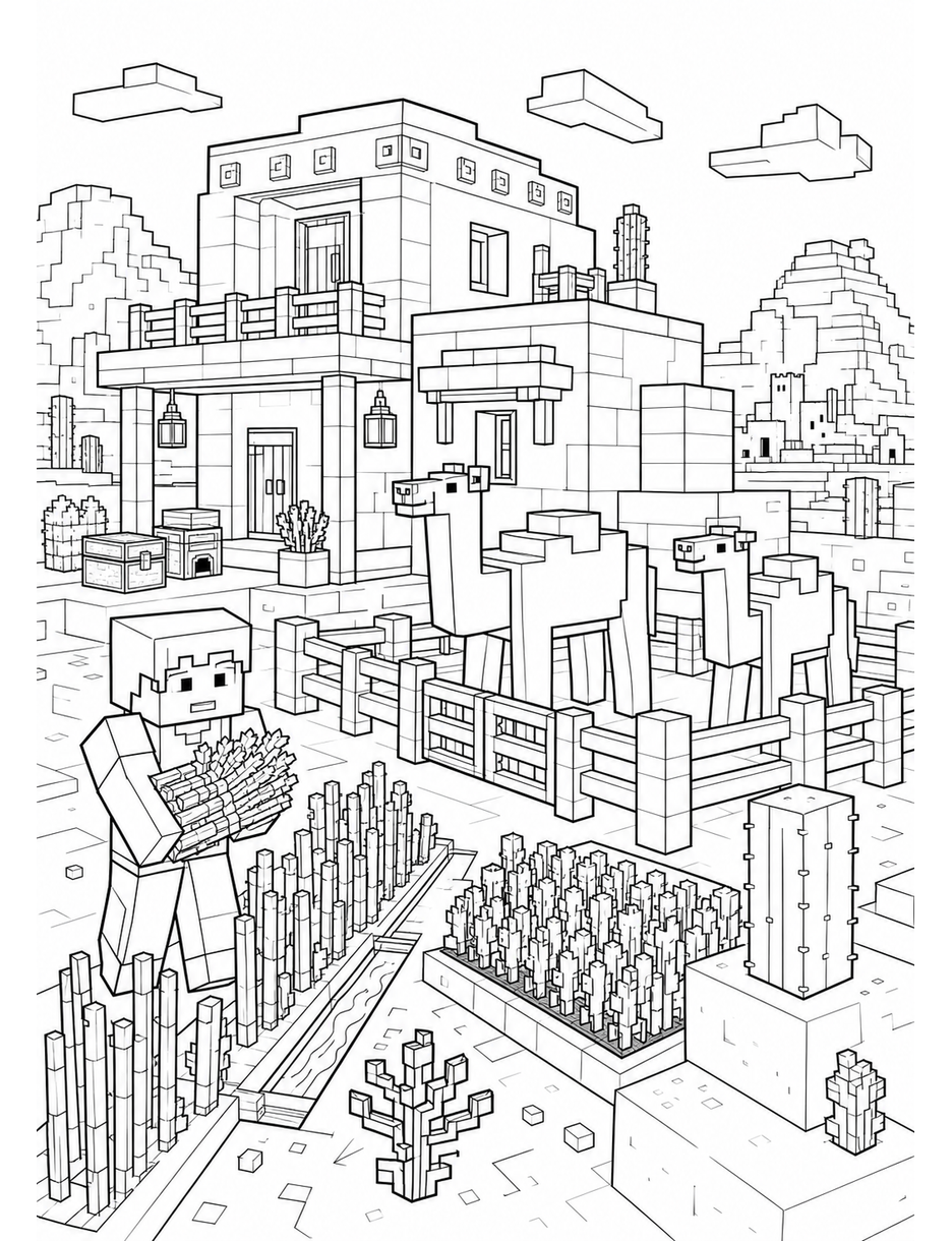 Minecraft Desert Farmhouse With Camel Pen printable coloring page from the minecraft coloring pages collection