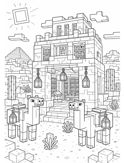 Minecraft Desert Library With Camel Lanterns printable coloring page from the minecraft coloring pages collection