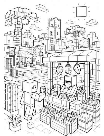 Minecraft Desert Oasis Village Market printable coloring page from the minecraft coloring pages collection