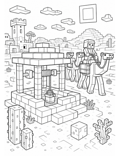 Minecraft Desert Well With Camel Caravan printable coloring page from the minecraft coloring pages collection